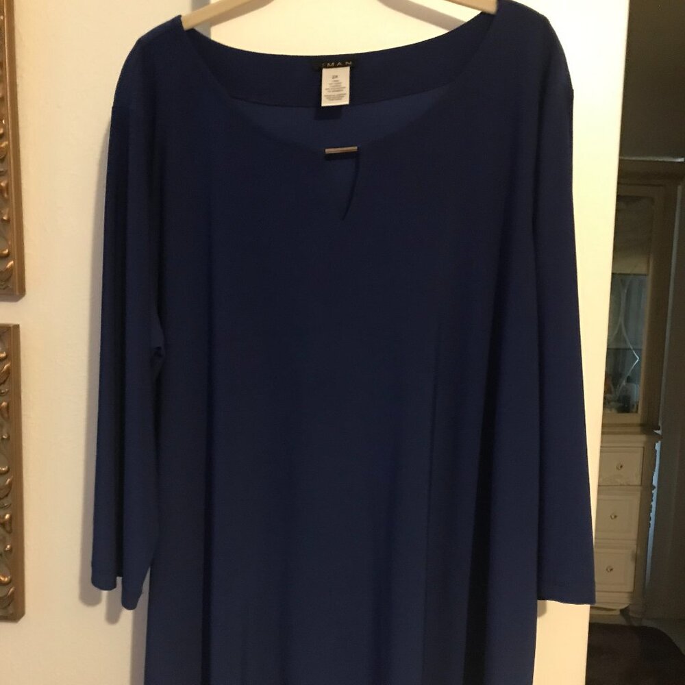 IMAN 2X lovely navy blue tunic with gold embellishment and 3/4 sleeves.
